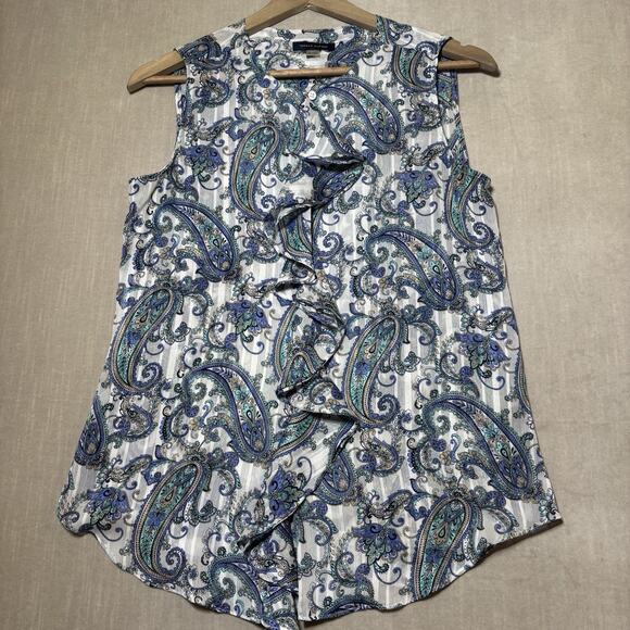 Tommy Hilfiger Sleeveless Paisley Ruffle Button Blouse Flowy Semi Sheer Sz Small - Picture 1 of 7